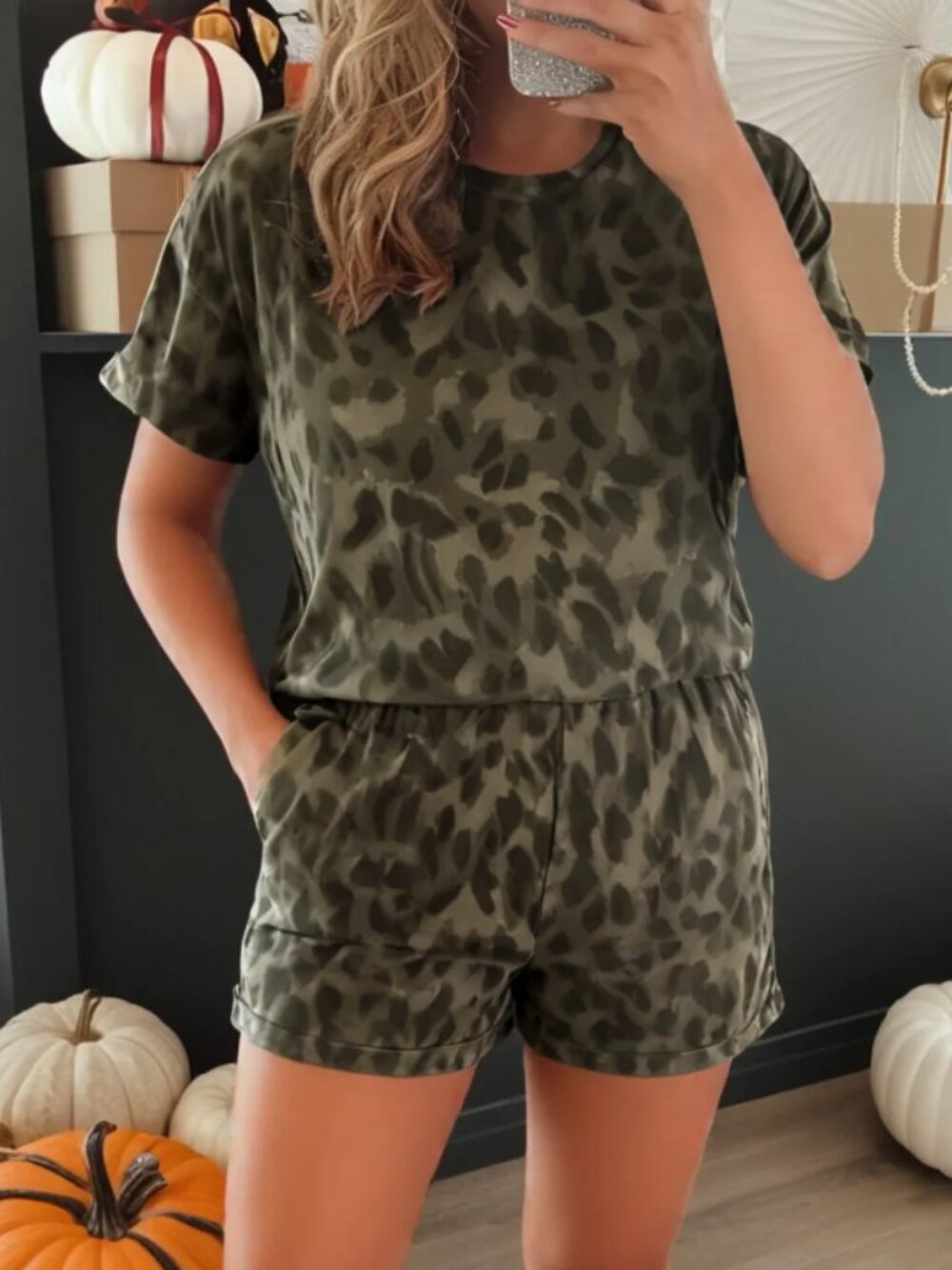 Brown Leopard Print Crew Neck Short Set